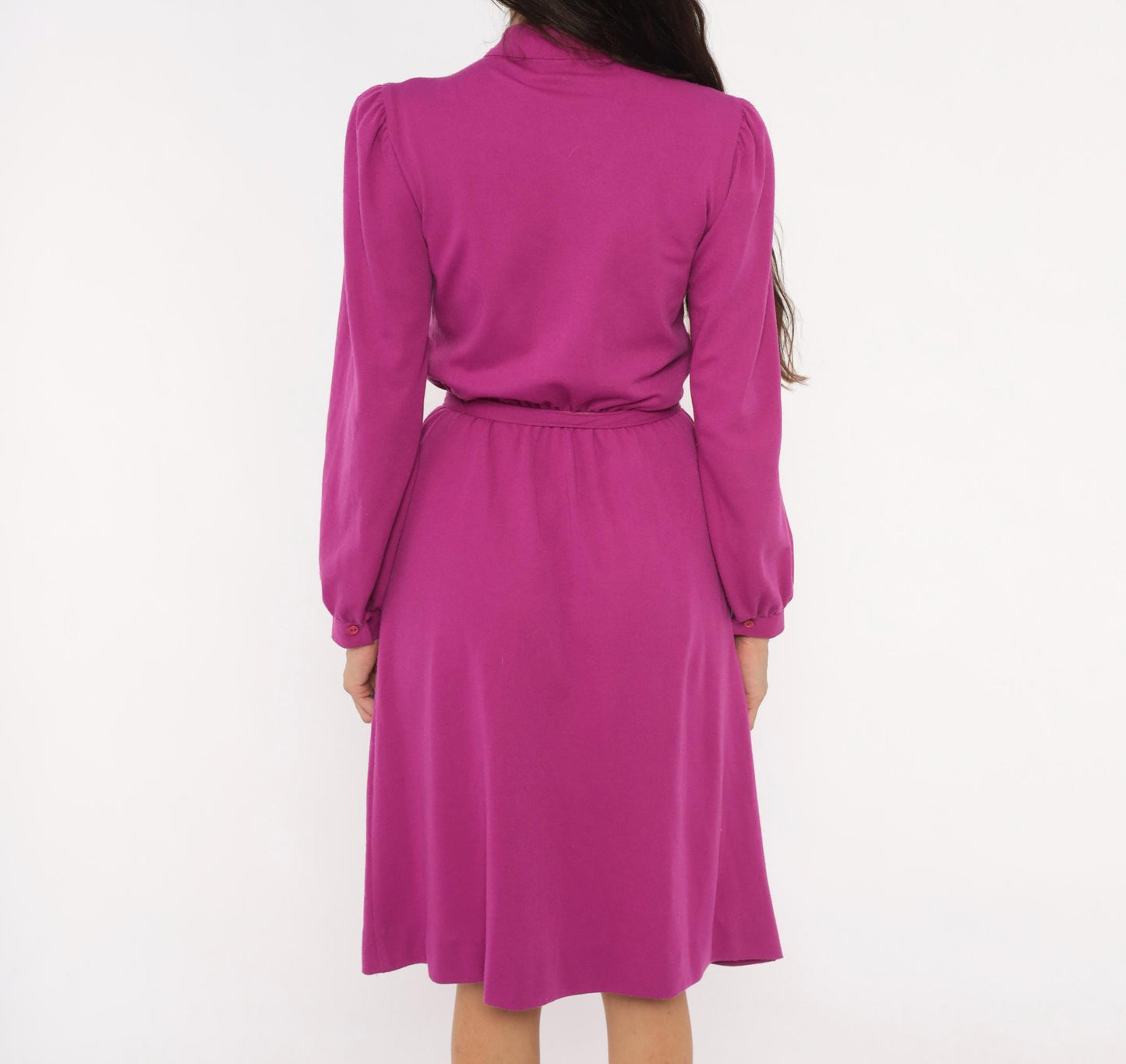 80s JcPenney Magenta Pintuck Dress Puff Sleeve Belted Knee-Length Small