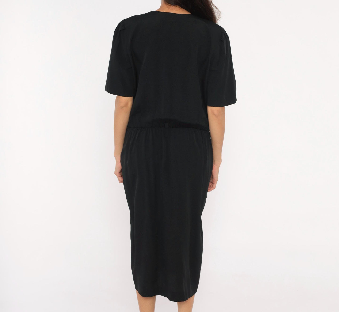 90s Periwinkle Black Midi Dress Gold Button V Neck Short Sleeve Large L