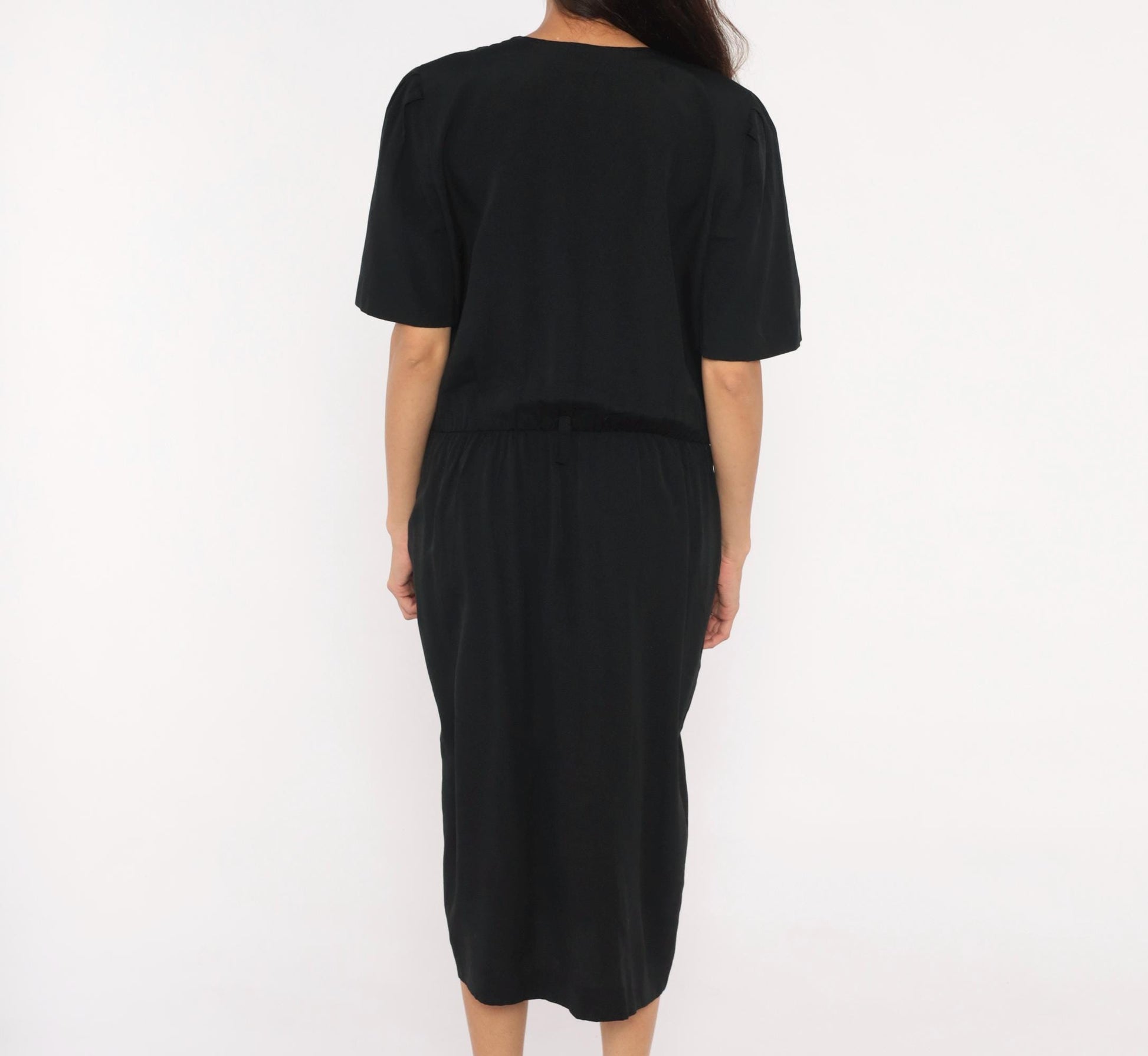 90s Periwinkle Black Midi Dress Gold Button V Neck Short Sleeve Large L