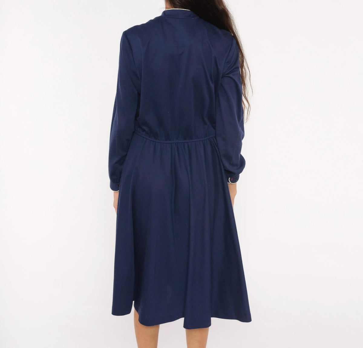 80s Ms. Sugar Navy Cotton Dress V-Neck Button Front Blouson Sleeve Medium Large