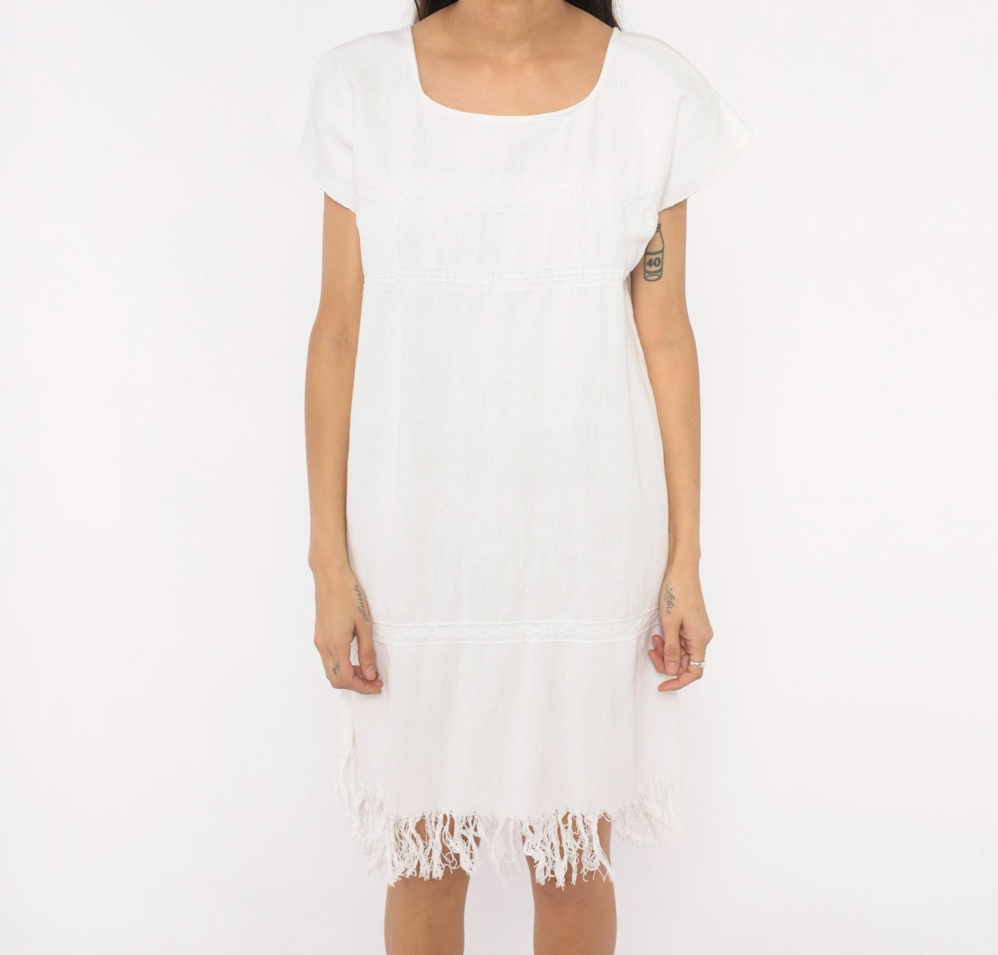 90s Buonarroti White Cotton Handwoven Shift Dress Fringe Hem Medium M