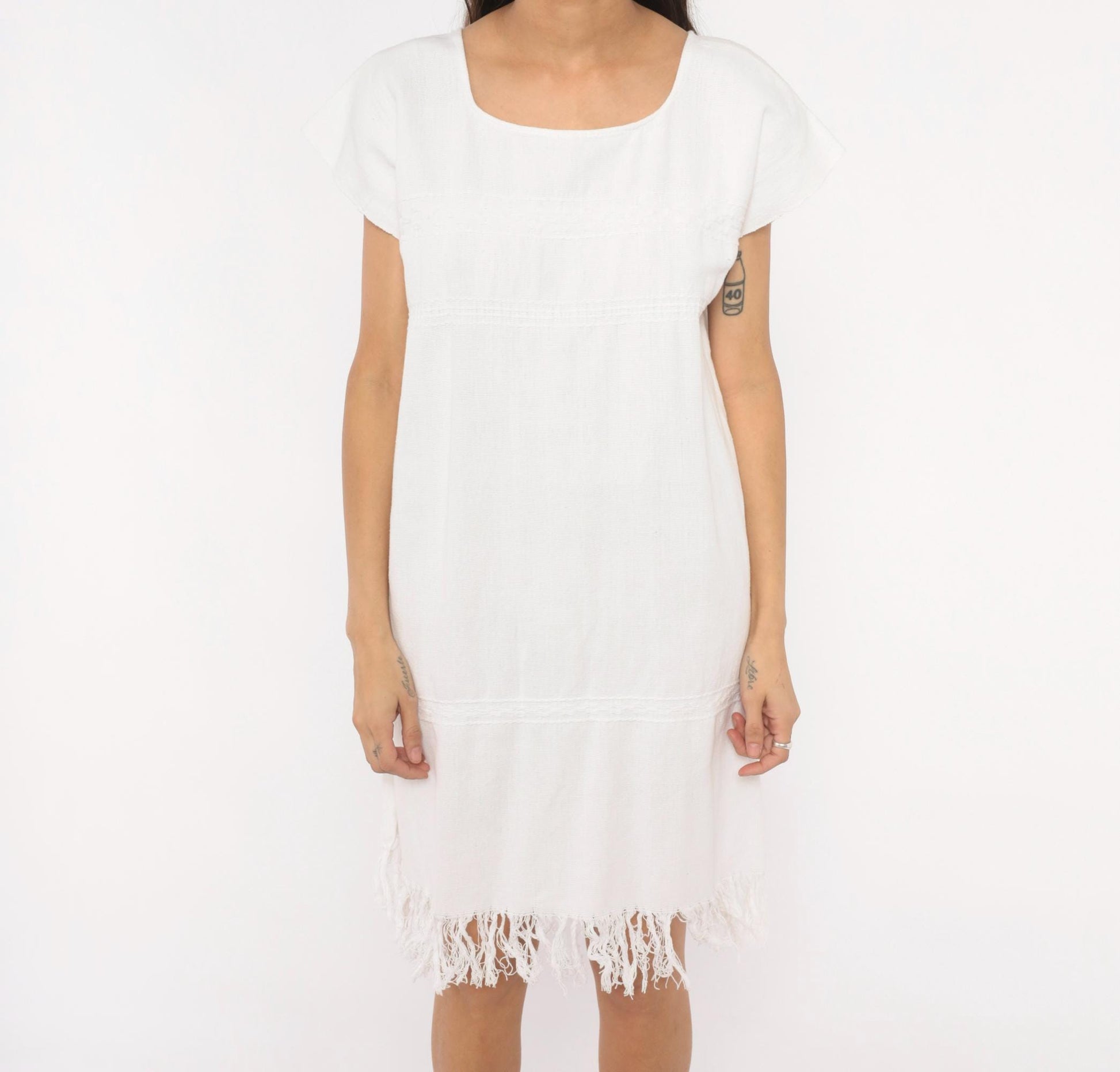 90s Buonarroti White Cotton Handwoven Shift Dress Fringe Hem Medium M