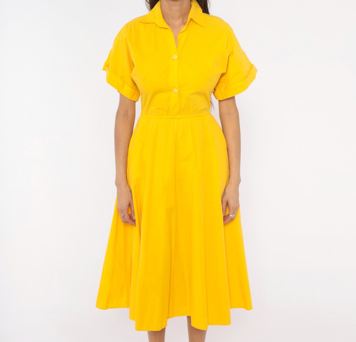 80s Laine Yellow Cotton Shirtdress Midi Collar Pockets Extra Small XS