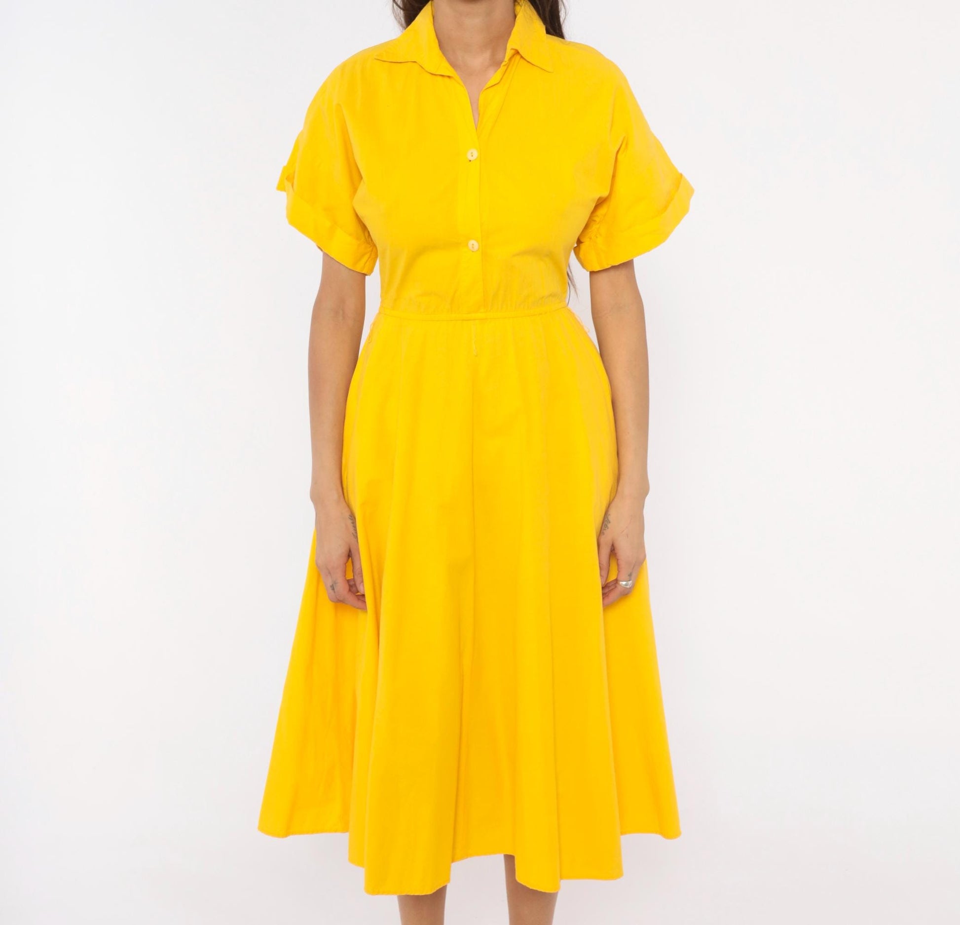 80s Laine Yellow Cotton Shirtdress Midi Collar Pockets Extra Small XS