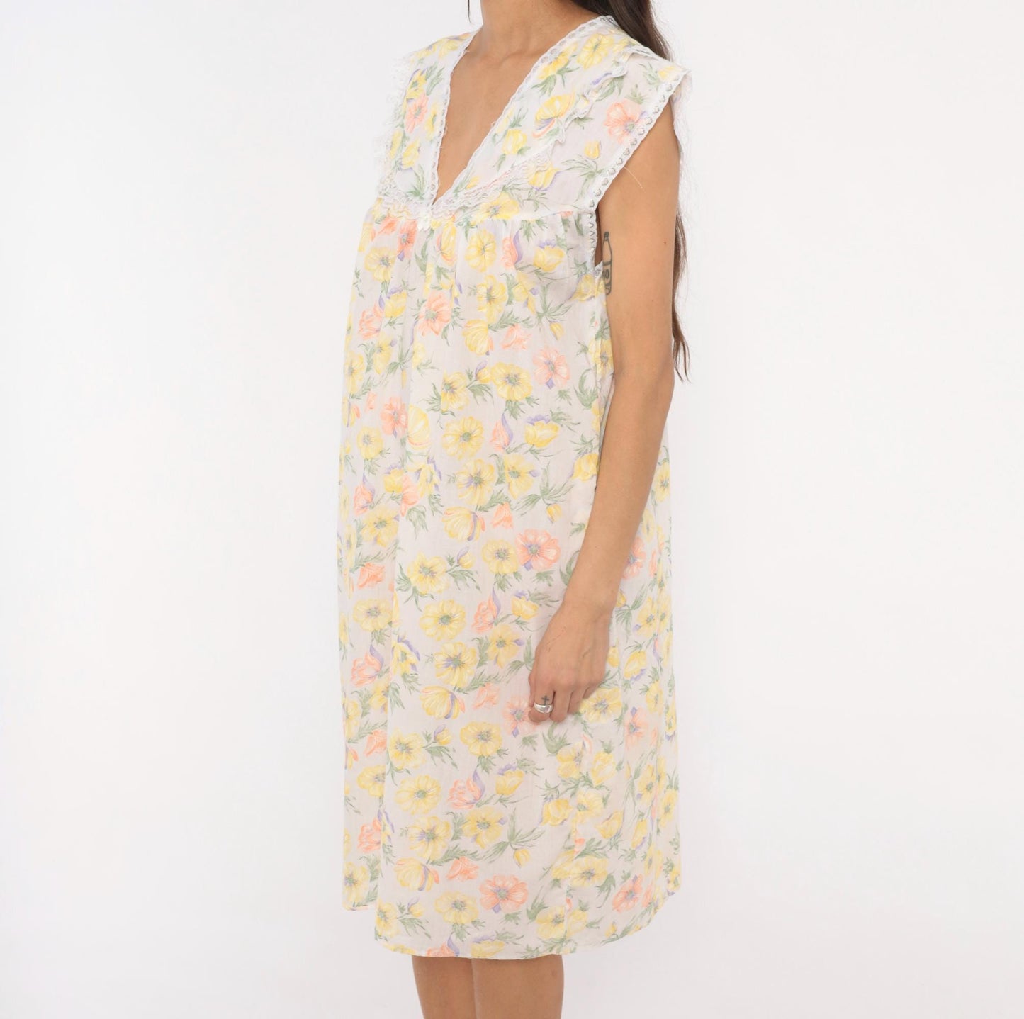 80s Floral Anemone Cotton Nightgown White Lace V-Neck Knee Length Medium M