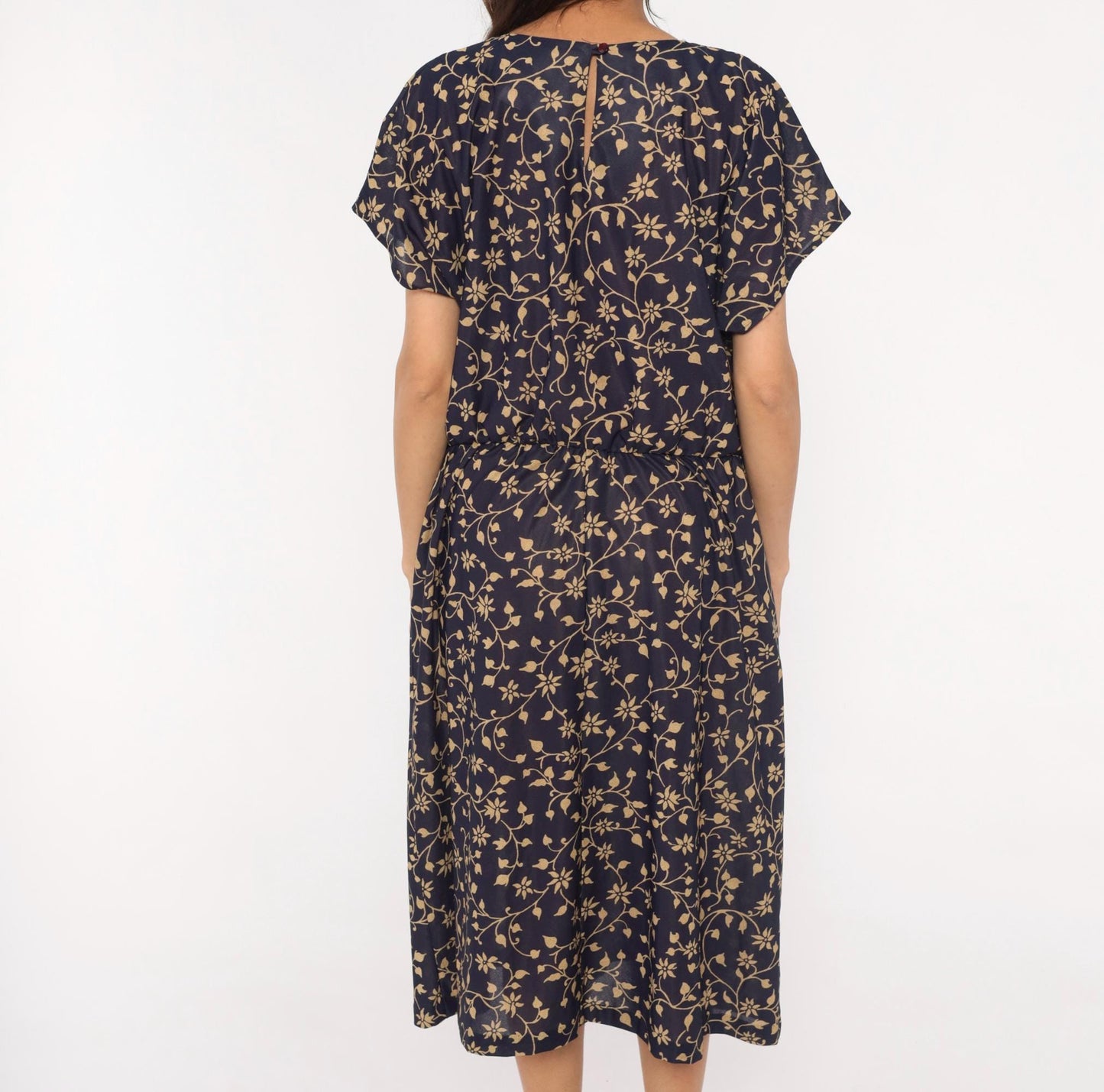 80s Navy Tan Floral Vine Midi Dress Gathered Waist Keyhole Back Extra Large