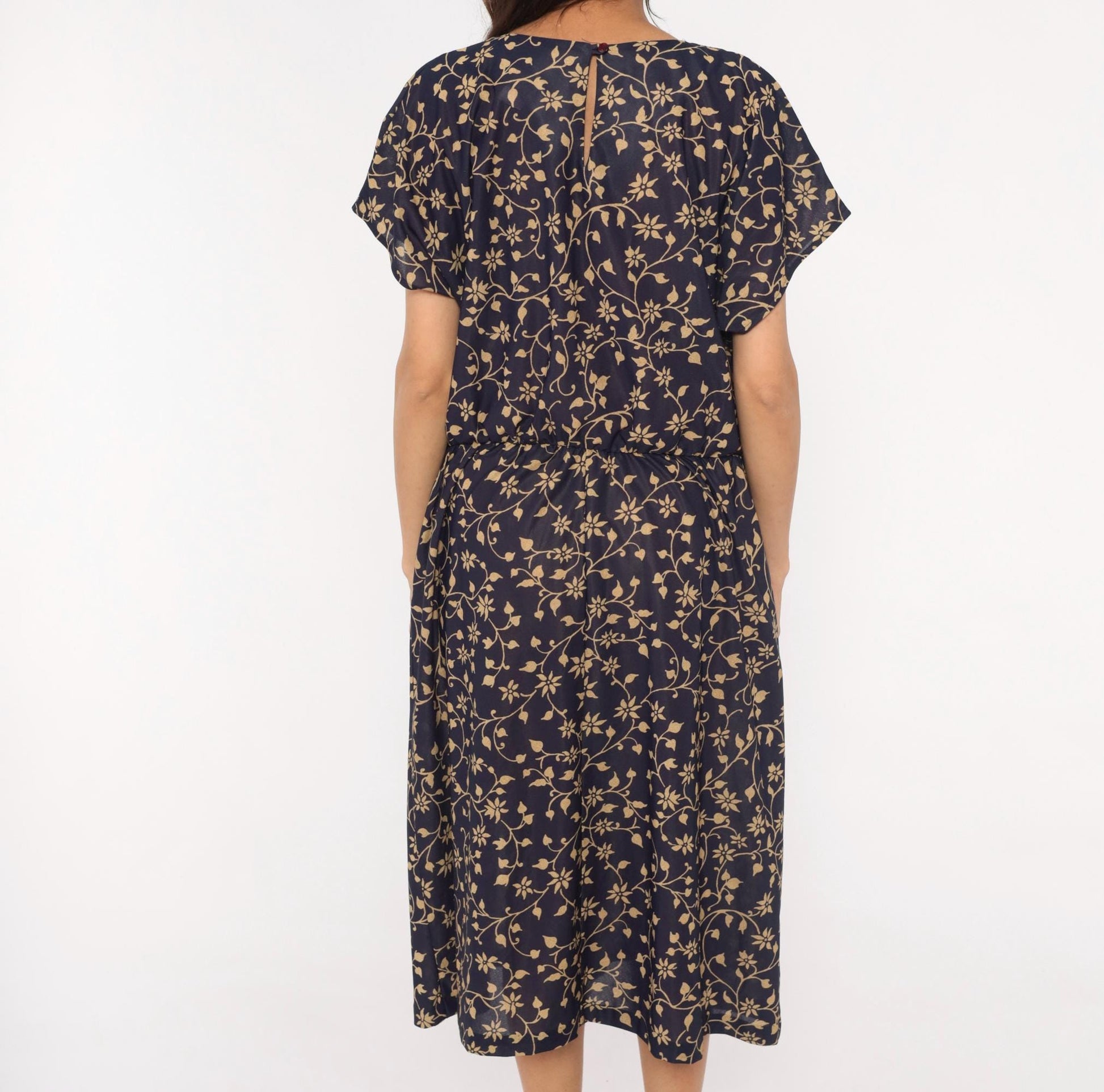 80s Navy Tan Floral Vine Midi Dress Gathered Waist Keyhole Back Extra Large