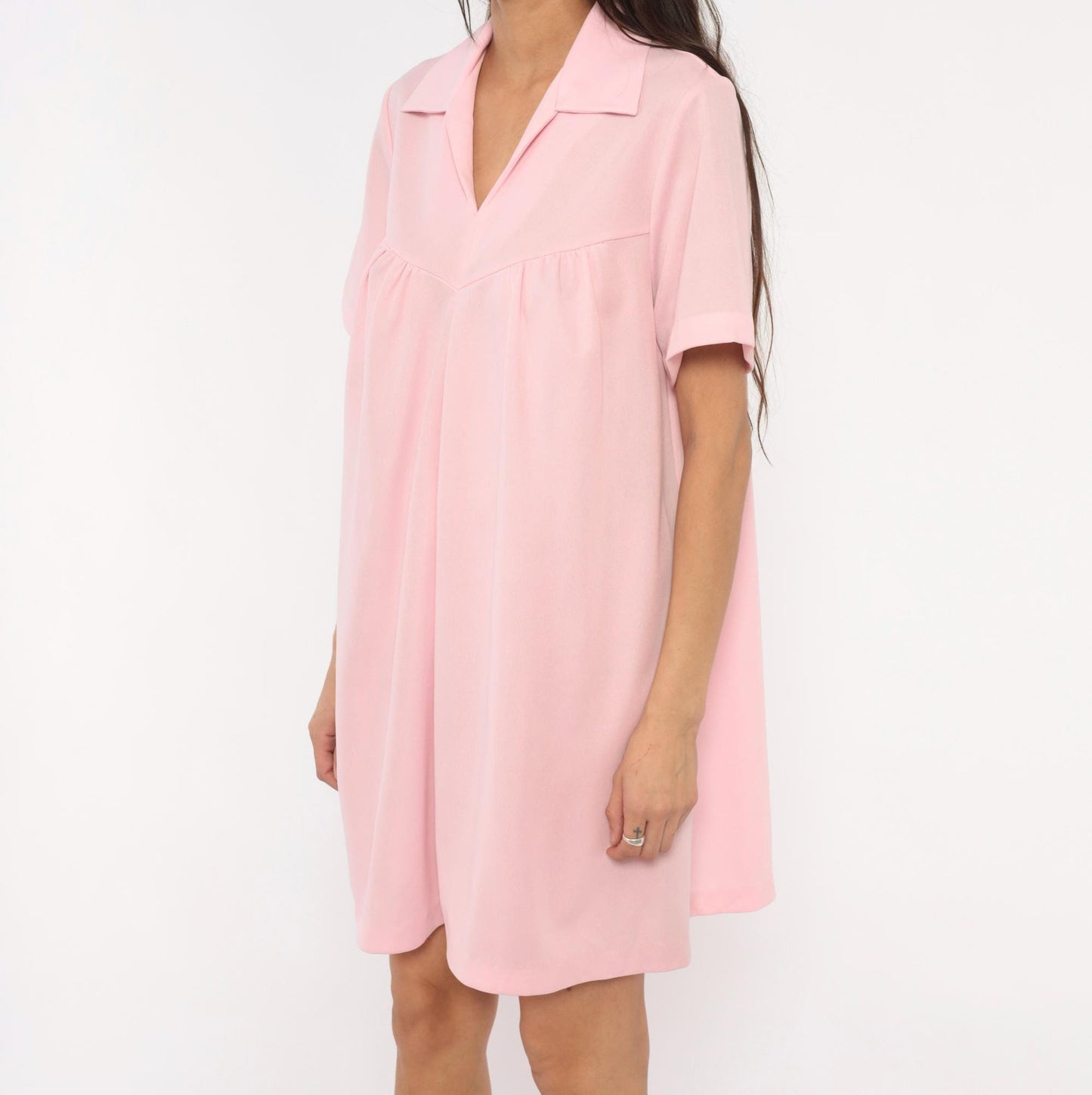 70s Baby Pink Babydoll Dress V Neck Gathered Bust A Line Knee Length Extra Large