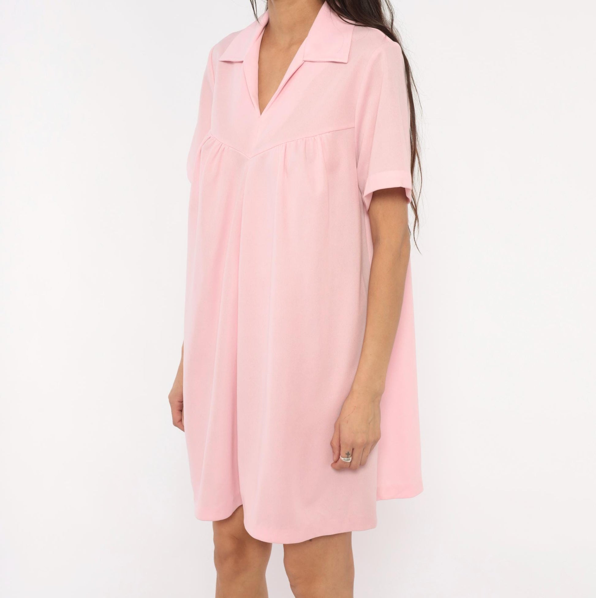 70s Baby Pink Babydoll Dress V Neck Gathered Bust A Line Knee Length Extra Large