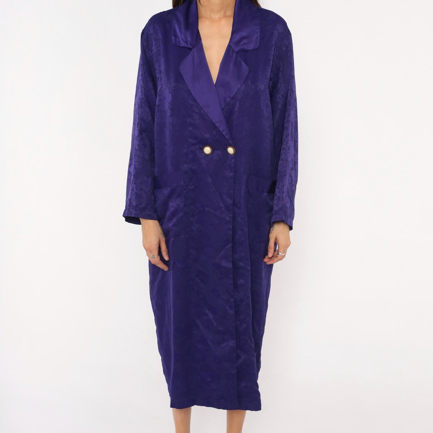 90s Victoria's Secret Purple Jacquard Midi Robe Double Breasted Satin Lapel Small