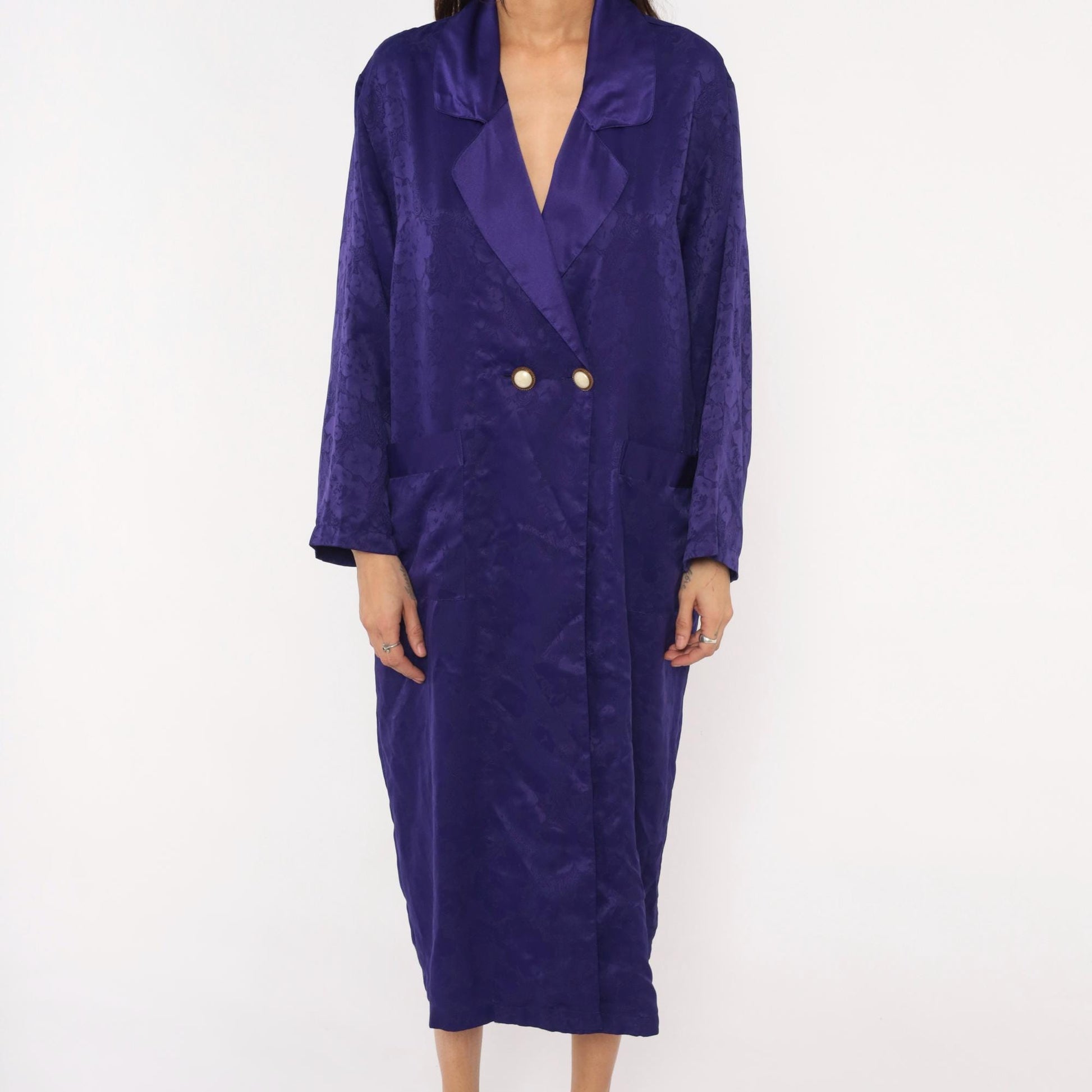 90s Victoria's Secret Purple Jacquard Midi Robe Double Breasted Satin Lapel Small