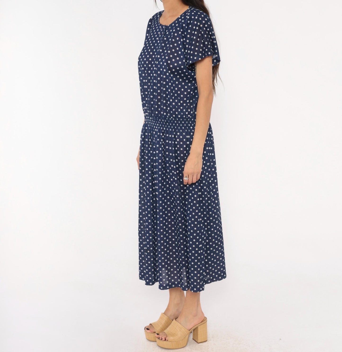 80s Darian Navy White Polka Dot Midi Dress Elastic Waist Short Sleeve Extra Large XL