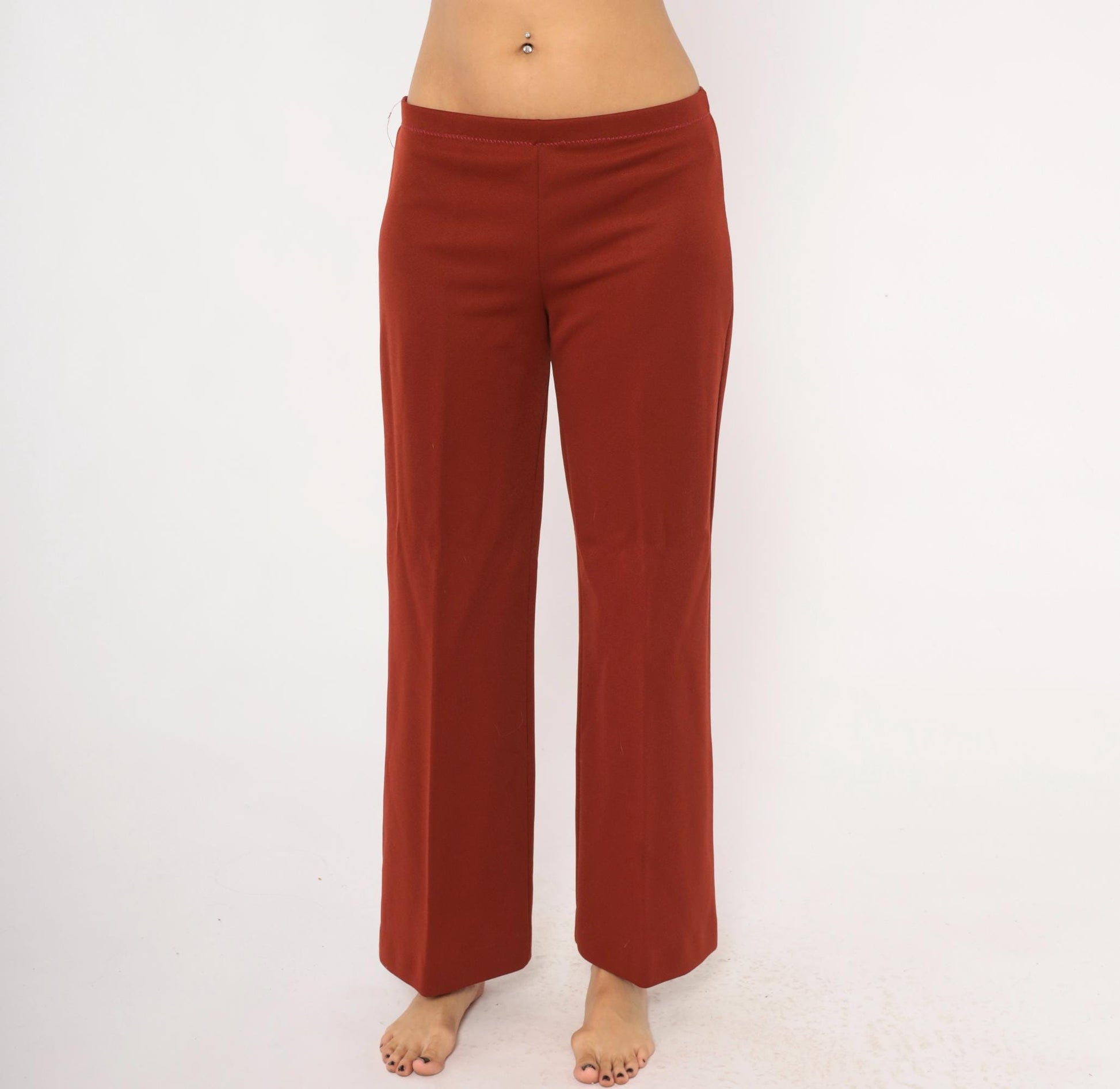 70s Rust Wide Leg Pants Elastic Waist Flare Bottom Pull On Trousers Large L