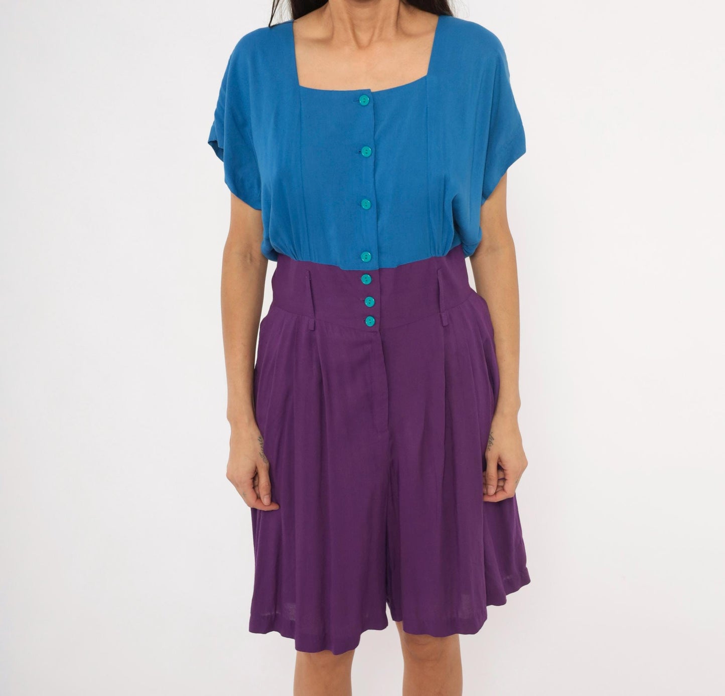 90s Rabbit Jr Color Block Romper Cobalt Blue Plum Purple Medium M