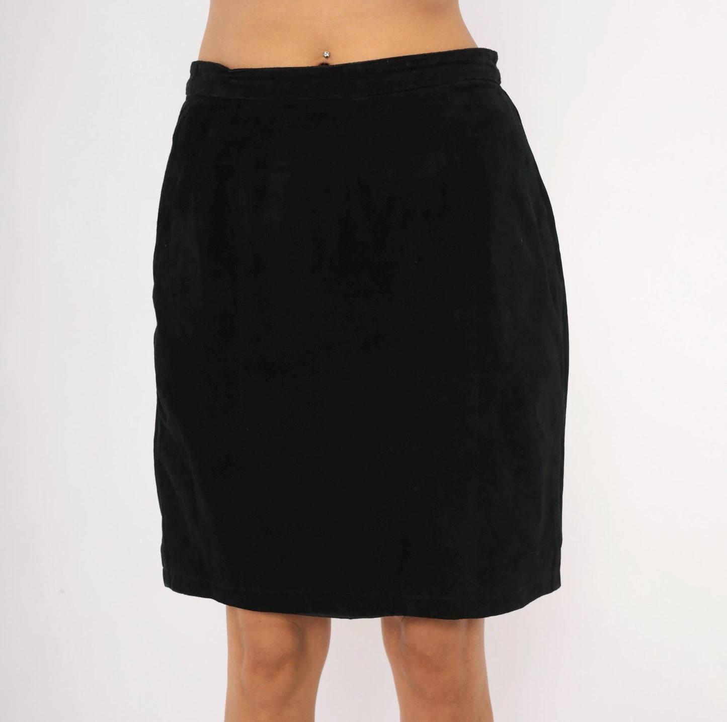90s Black Suede Pencil Skirt High Waist Knee Length Medium M