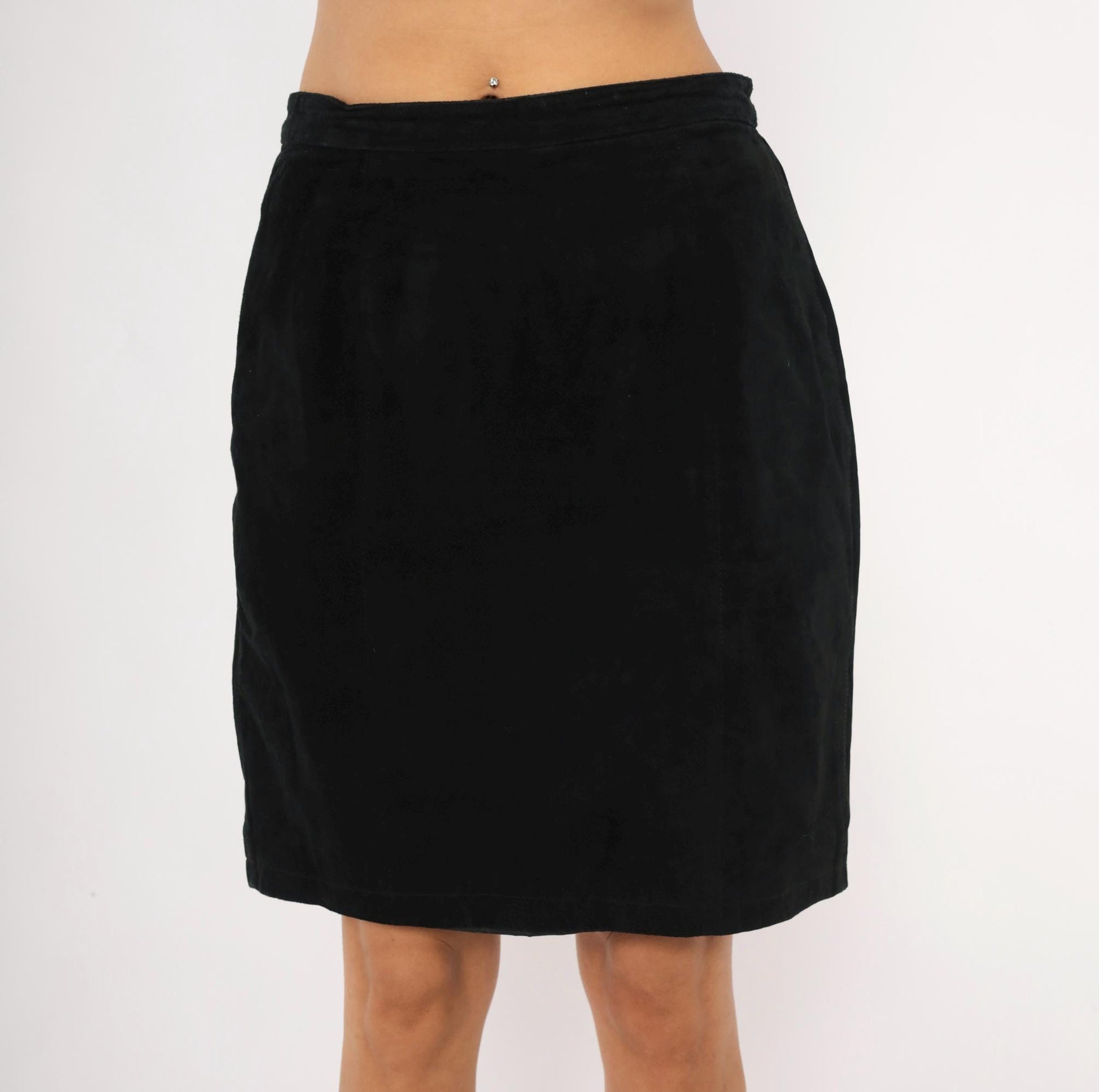 90s Black Suede Pencil Skirt High Waist Knee Length Medium M