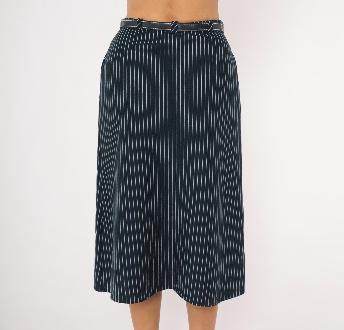 70s Jantzen Navy Pinstripe Midi Skirt Belted White Stripe Small S