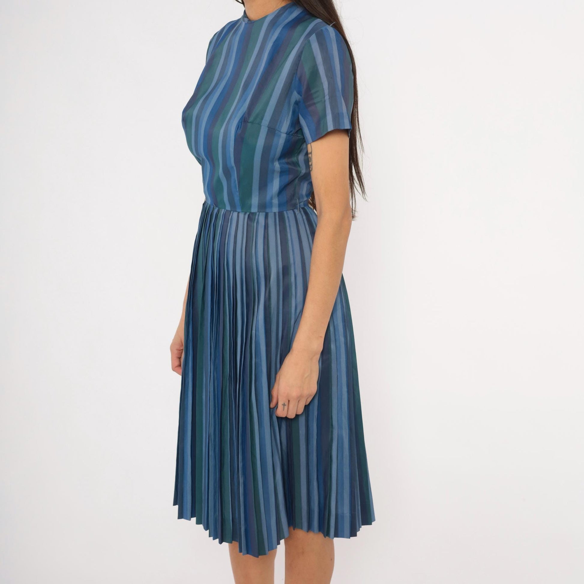 60s Stacy Ames Striped Pleated Midi Dress Navy Teal Crew Neck Small