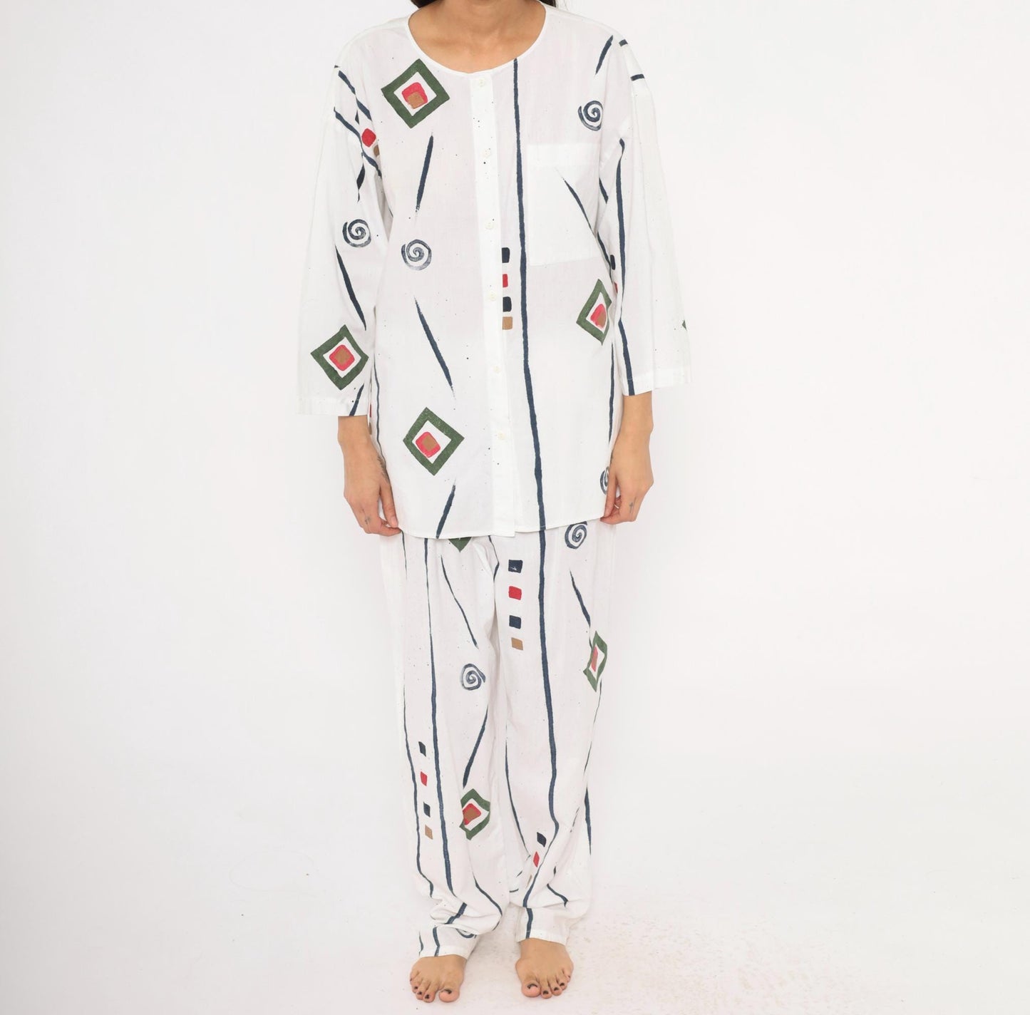 90s Allegre Geometric Print Cotton Two Piece Set White Large L