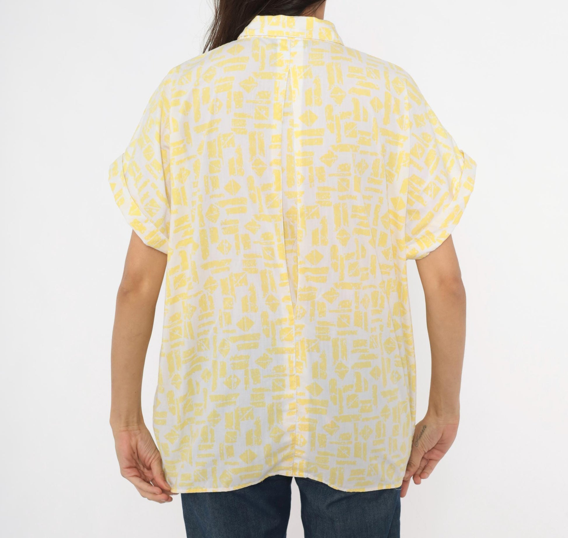 90s Golden Wings Abstract Geometric Shirt Yellow White Collared Blouse Large L