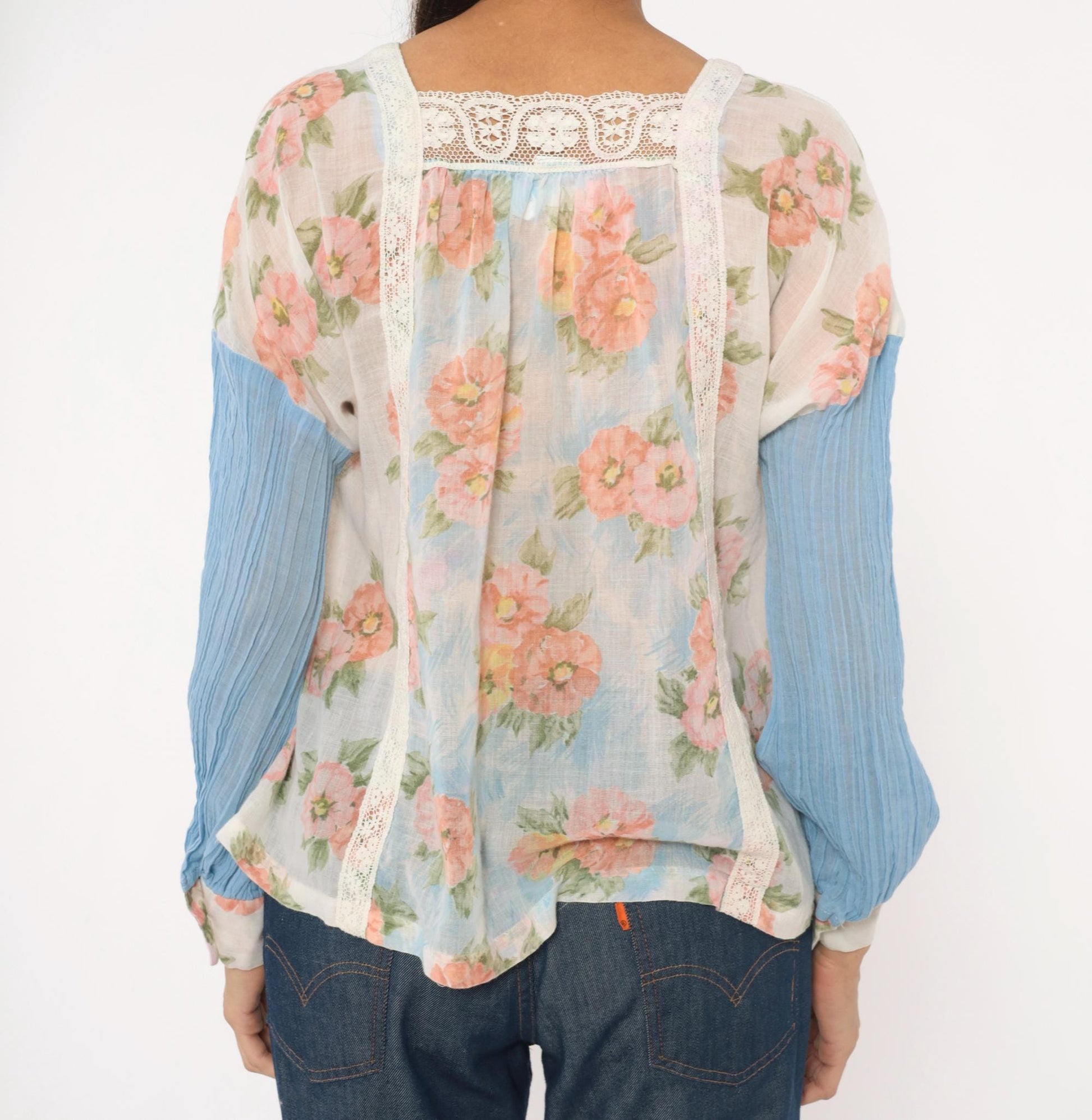 70s Arnelle of California Floral Peasant Blouse Pink Rose Cotton Gauze Medium