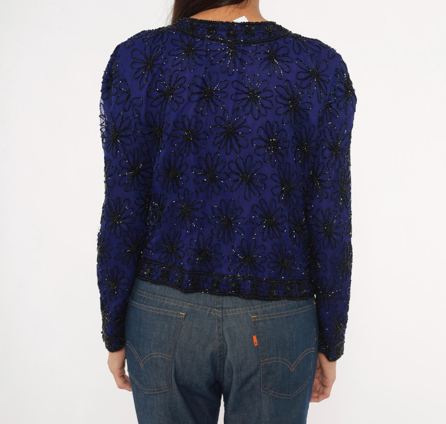 90s Stenay Silk Cropped Jacket Navy Beaded Floral Sequin Small