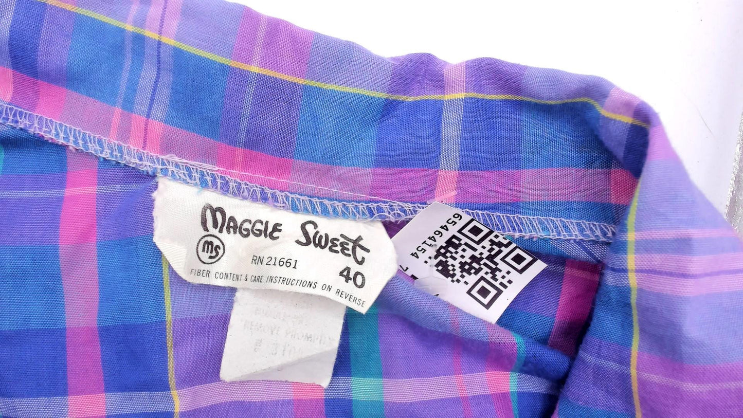 80s Maggie Sweet Plaid Puff Sleeve Blouse Peter Pan Collar Purple Teal Large