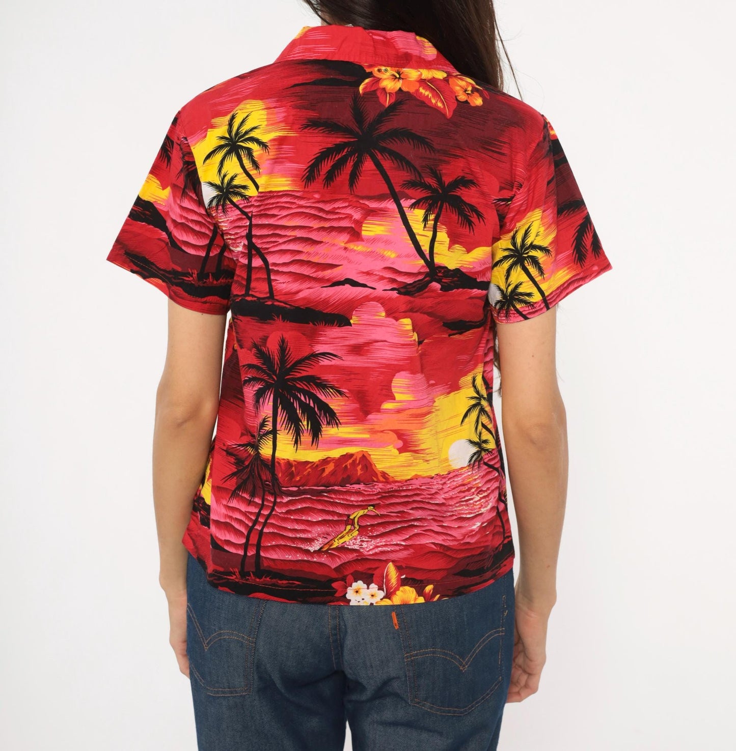 90s Palmwave Hawaii Camp Collar Shirt Red Pink Tropical Palm Tree Cotton Medium
