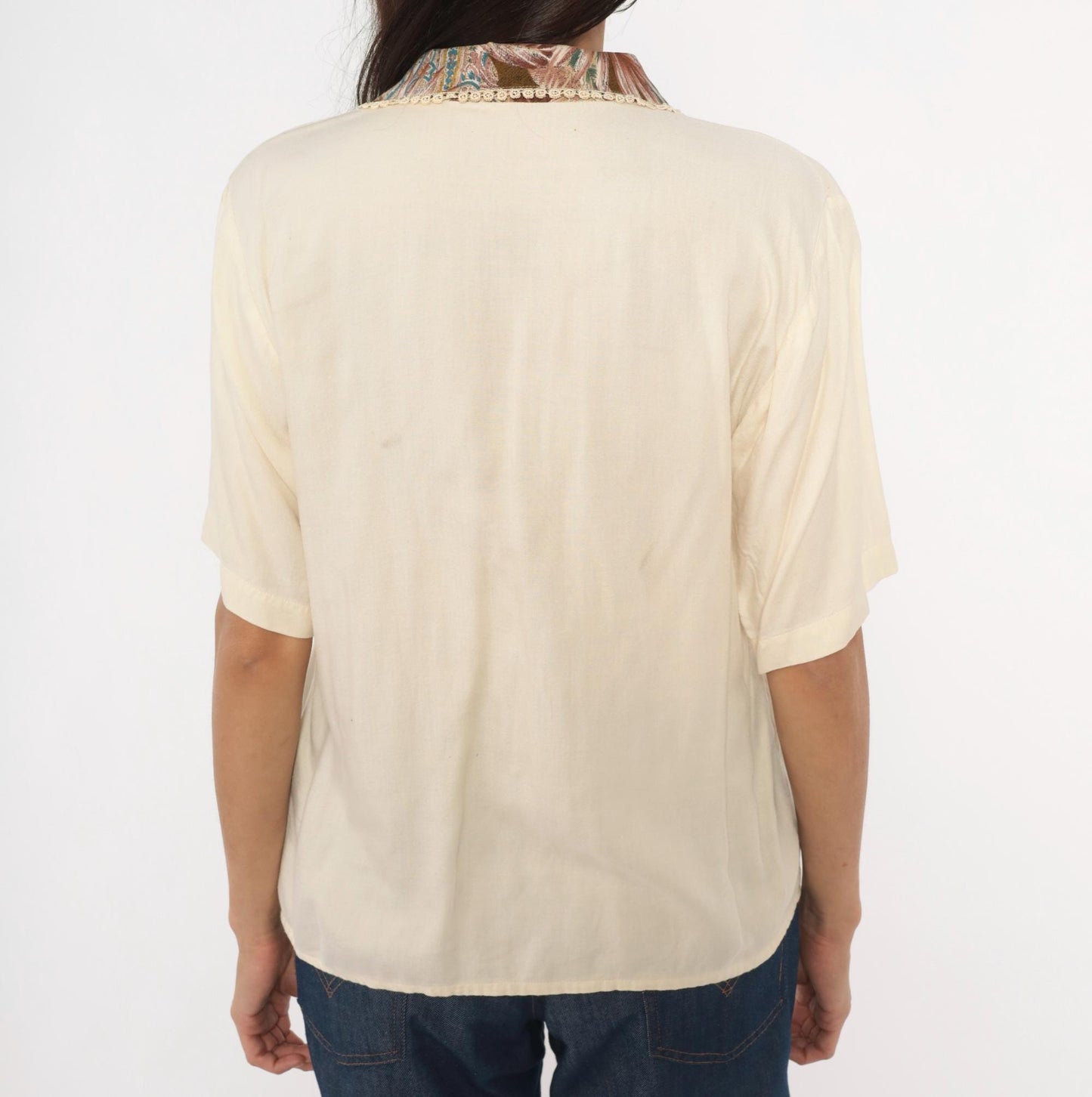 90s Giselle Paisley Collar Blouse Cream Lace Trim Short Sleeve Medium M