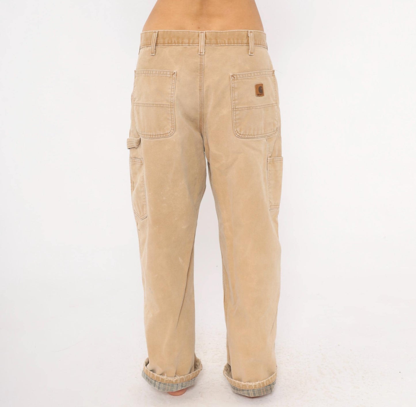 Carhartt Carpenter Pants Flannel Lined Canvas Straight Leg Tan Distressed Extra Large XL