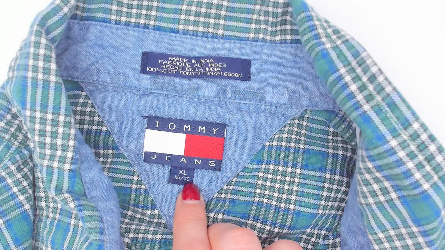Y2K Tommy Jeans Plaid Flannel Shirt Teal Cotton Button-Up Extra Large