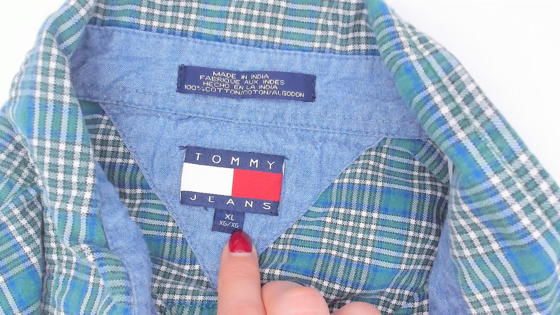 Y2K Tommy Jeans Plaid Flannel Shirt Teal Cotton Button-Up Extra Large