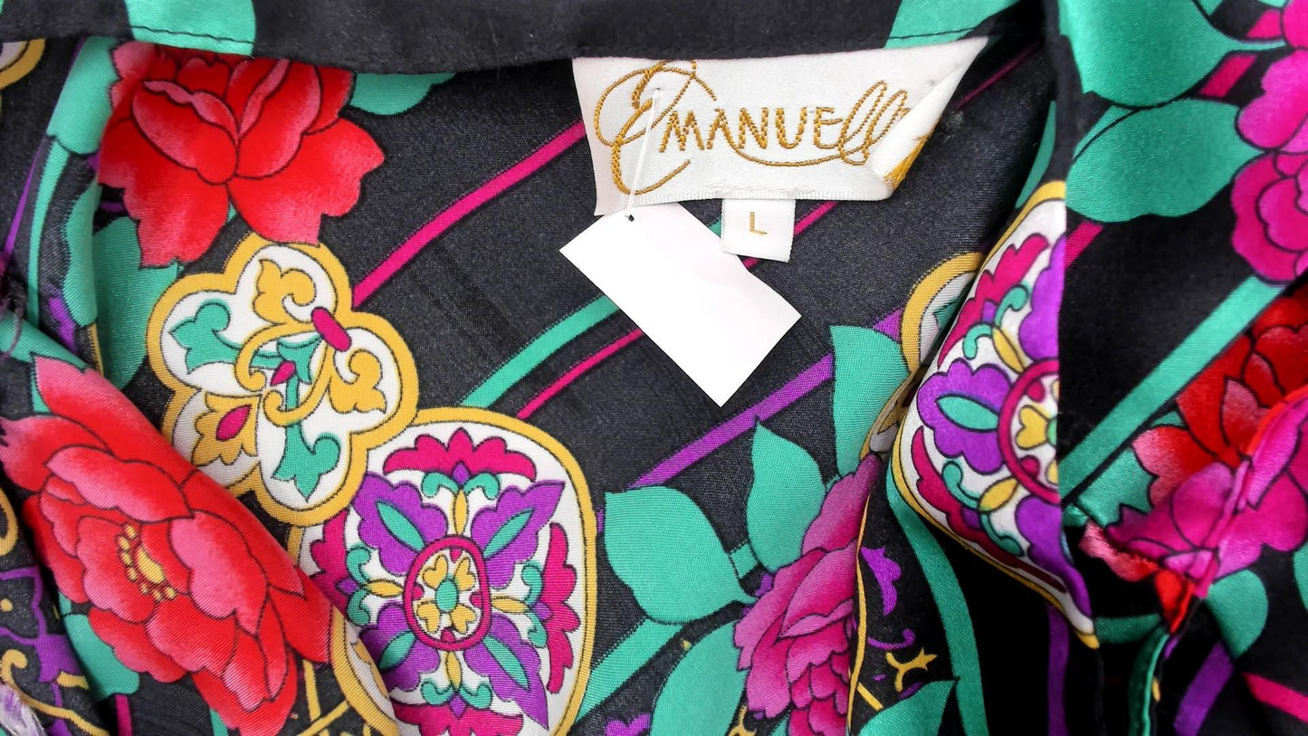 90s Emanuell Floral Medallion Slip Dress Black Fuchsia Teal Knee-Length Medium