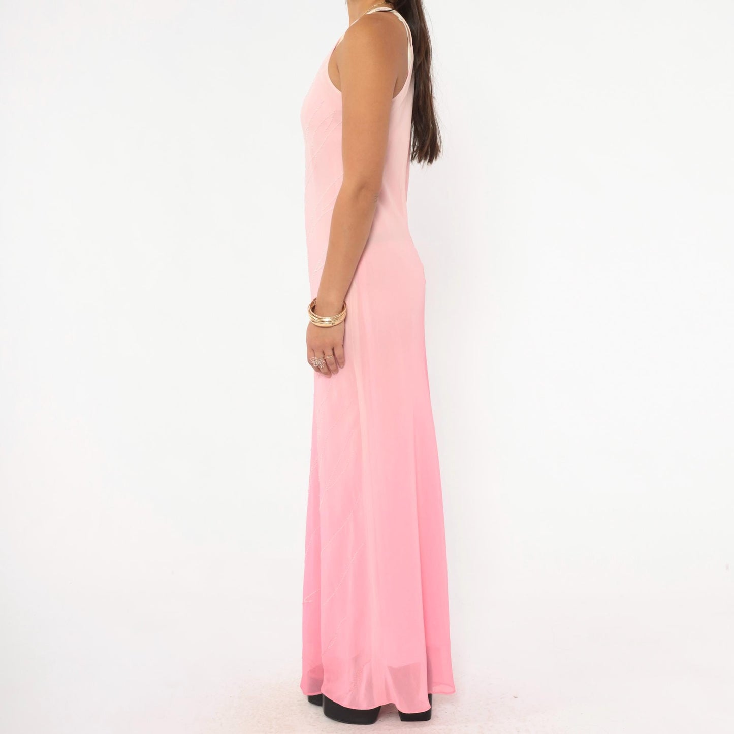2000s Pink Ombre Beaded Maxi Gown Halter Chiffon Chelsea Nites Small