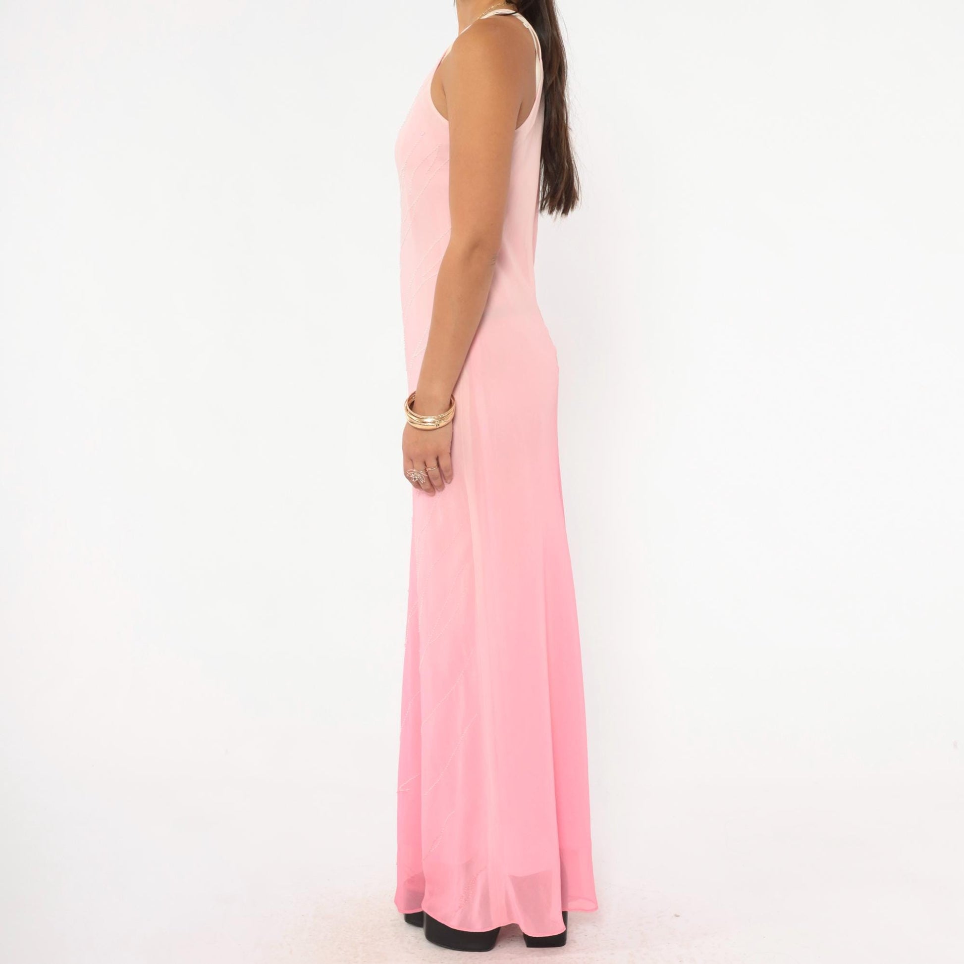 2000s Pink Ombre Beaded Maxi Gown Halter Chiffon Chelsea Nites Small