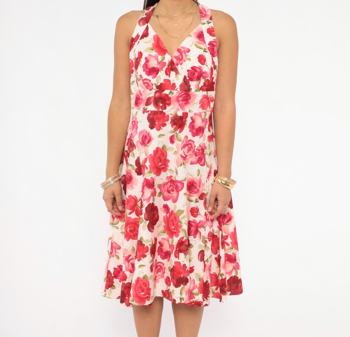 Y2K Talbots Rose Floral Halter Dress Cream Pink Red Knee-Length Medium M