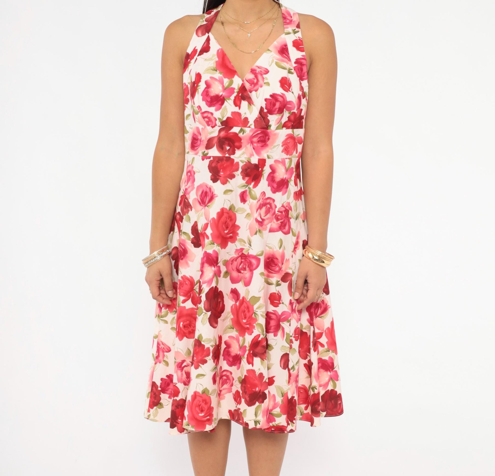 Y2K Talbots Rose Floral Halter Dress Cream Pink Red Knee-Length Medium M