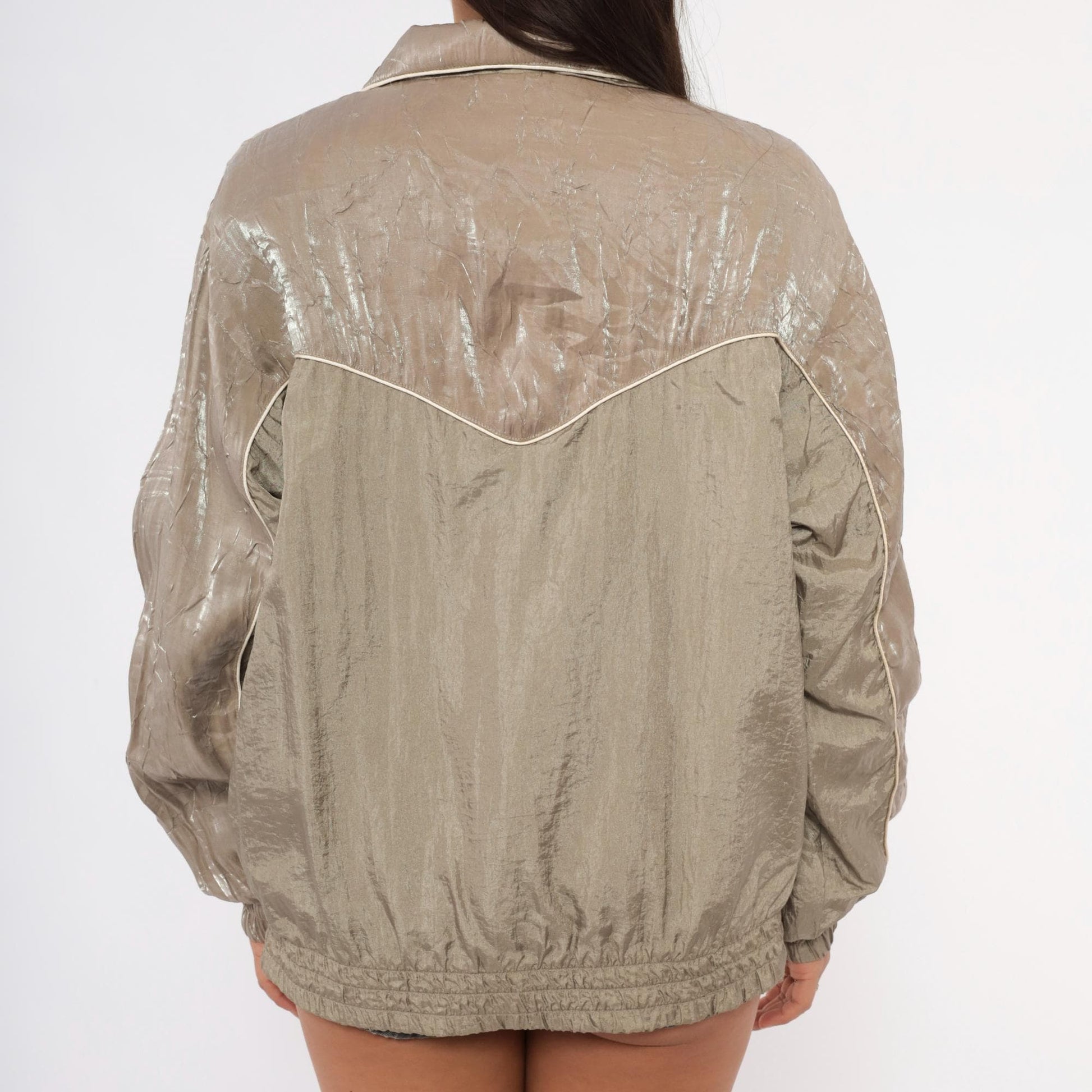 90s Cabin Creek Windbreaker Taupe Nylon Jacket Cream Piping Medium M