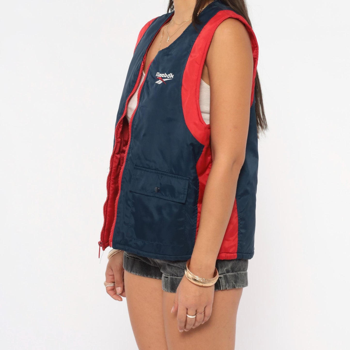 90s Reebok Colorblock Puffer Vest Navy Red Embroidered Logo Large L