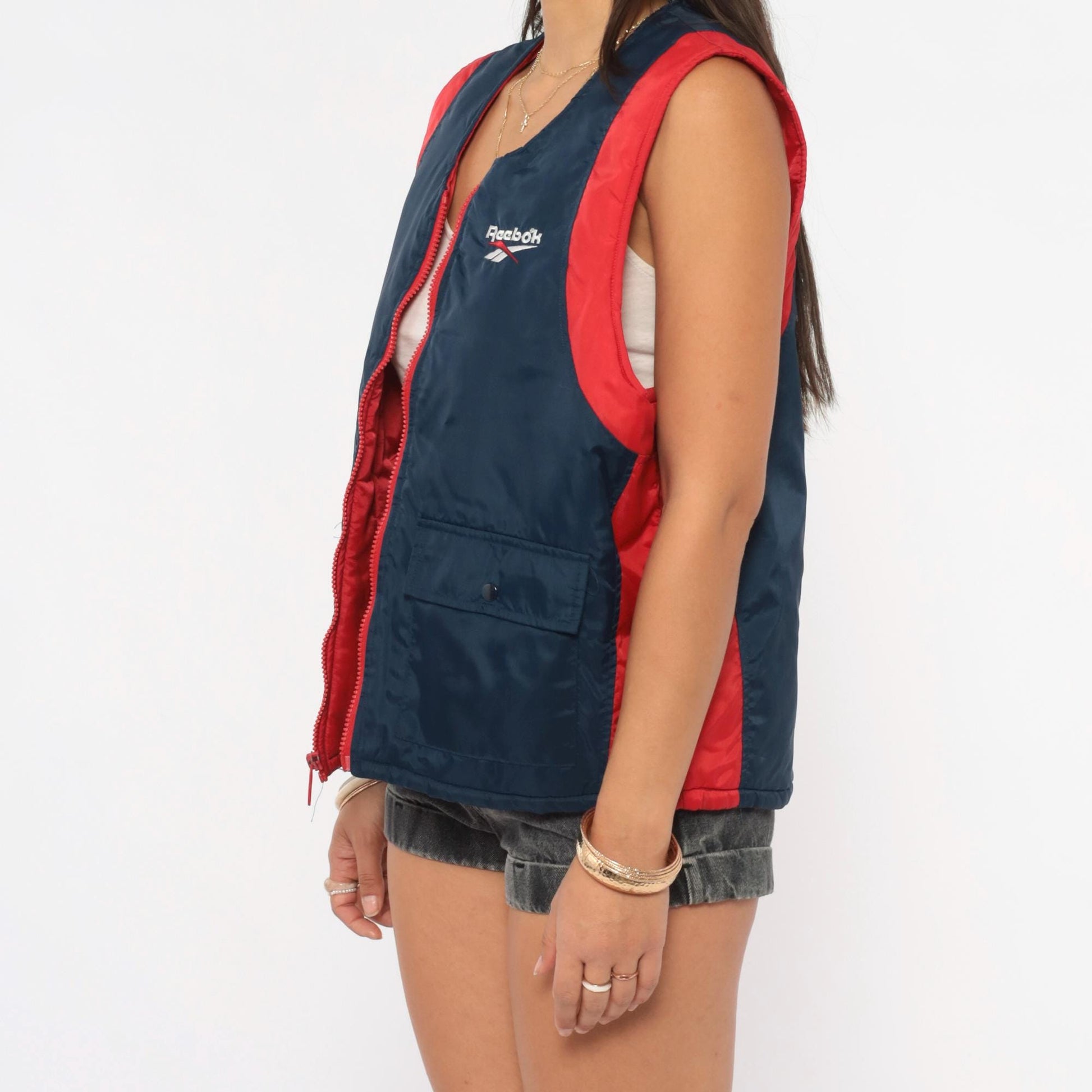 90s Reebok Colorblock Puffer Vest Navy Red Embroidered Logo Large L