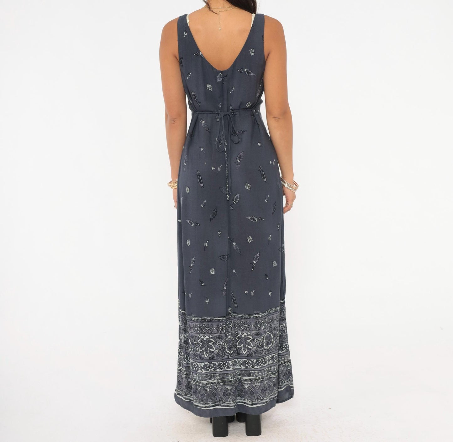 90s CDC Grey Floral Maxi Dress Tie Back Tank Small S