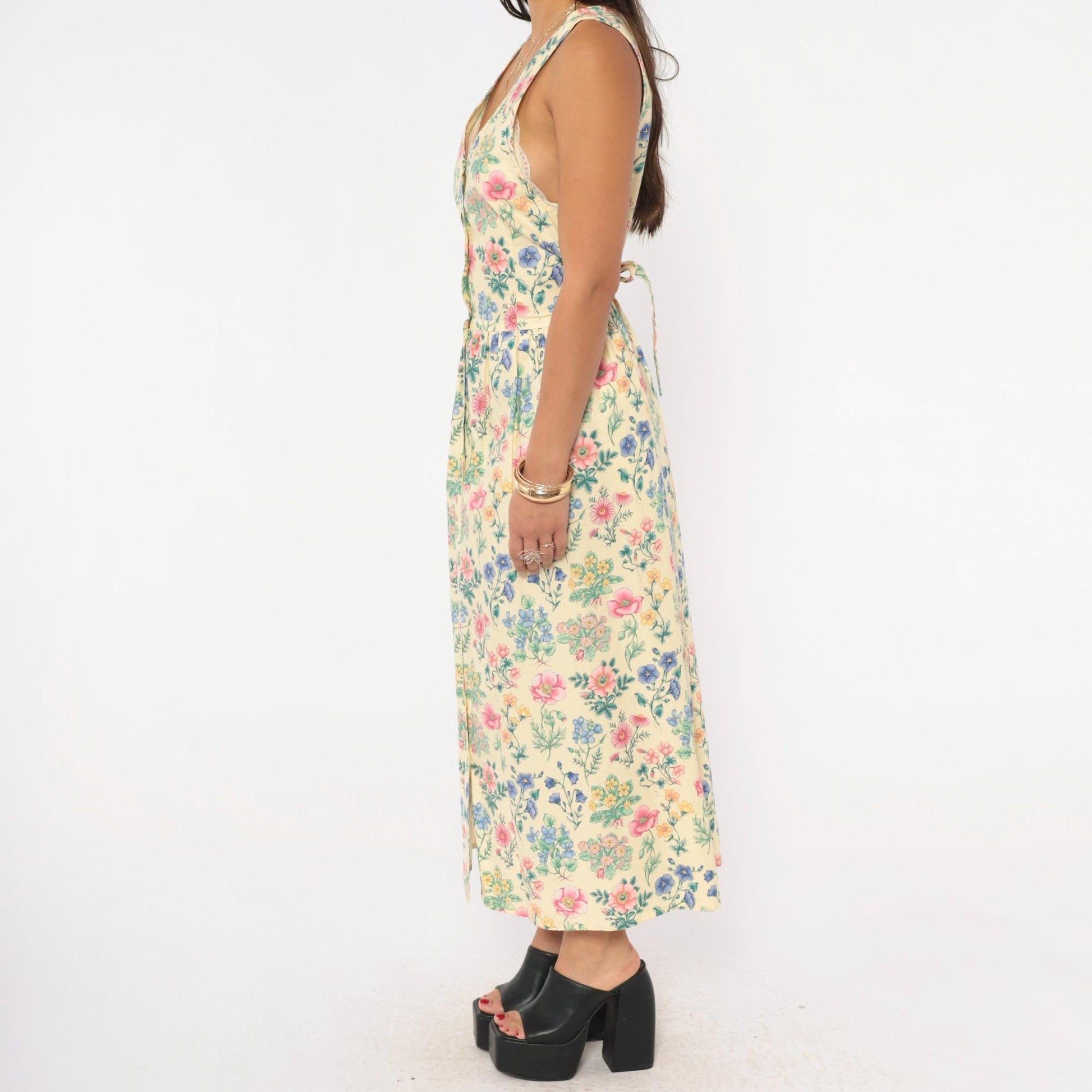 90s Faith Mountain Company Botanical Midi Dress Butter Yellow Floral V-Neck Small