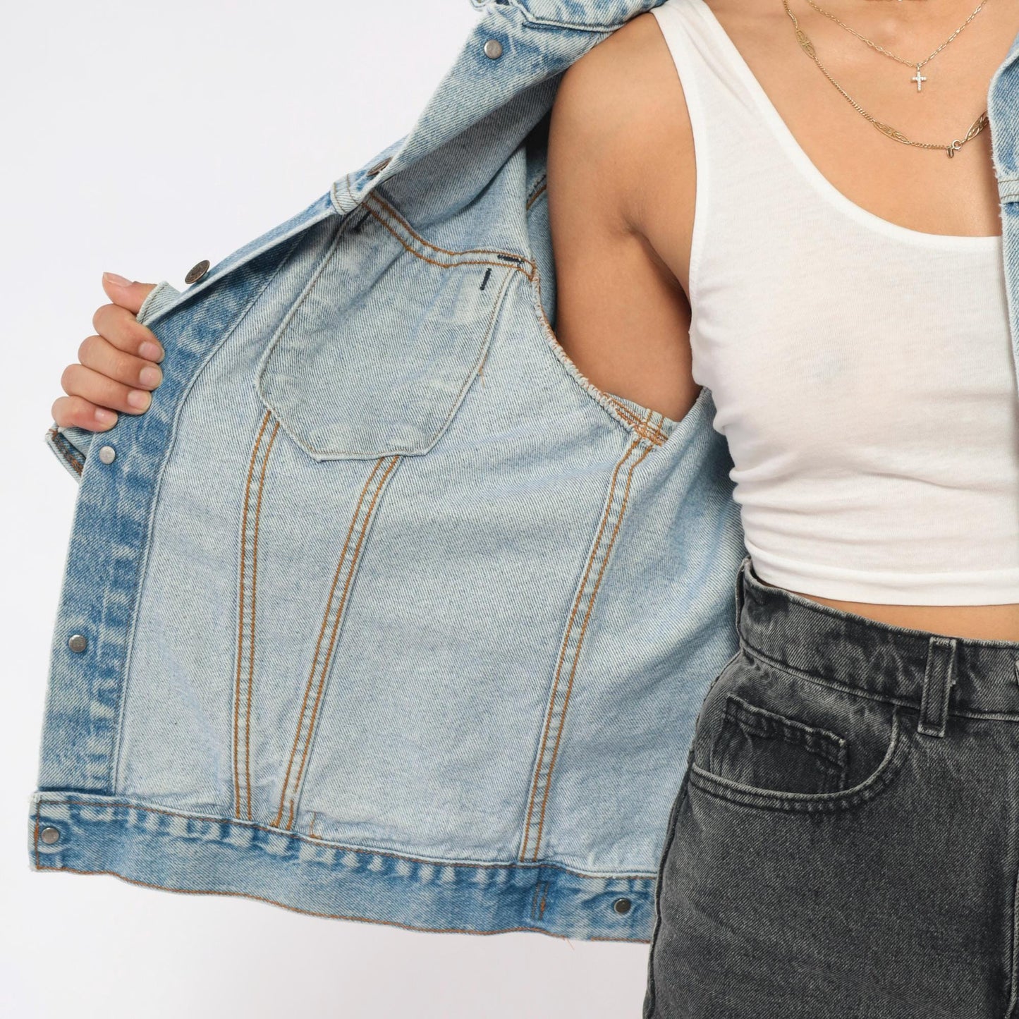 70s Levis Trucker Jacket Light Blue Denim Cotton Button Front Medium