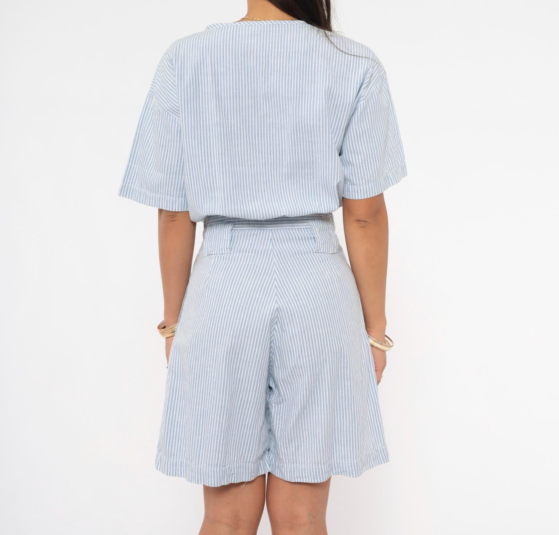 80s FADS Blue White Pinstripe Cotton Romper Pleated High-Rise Small S