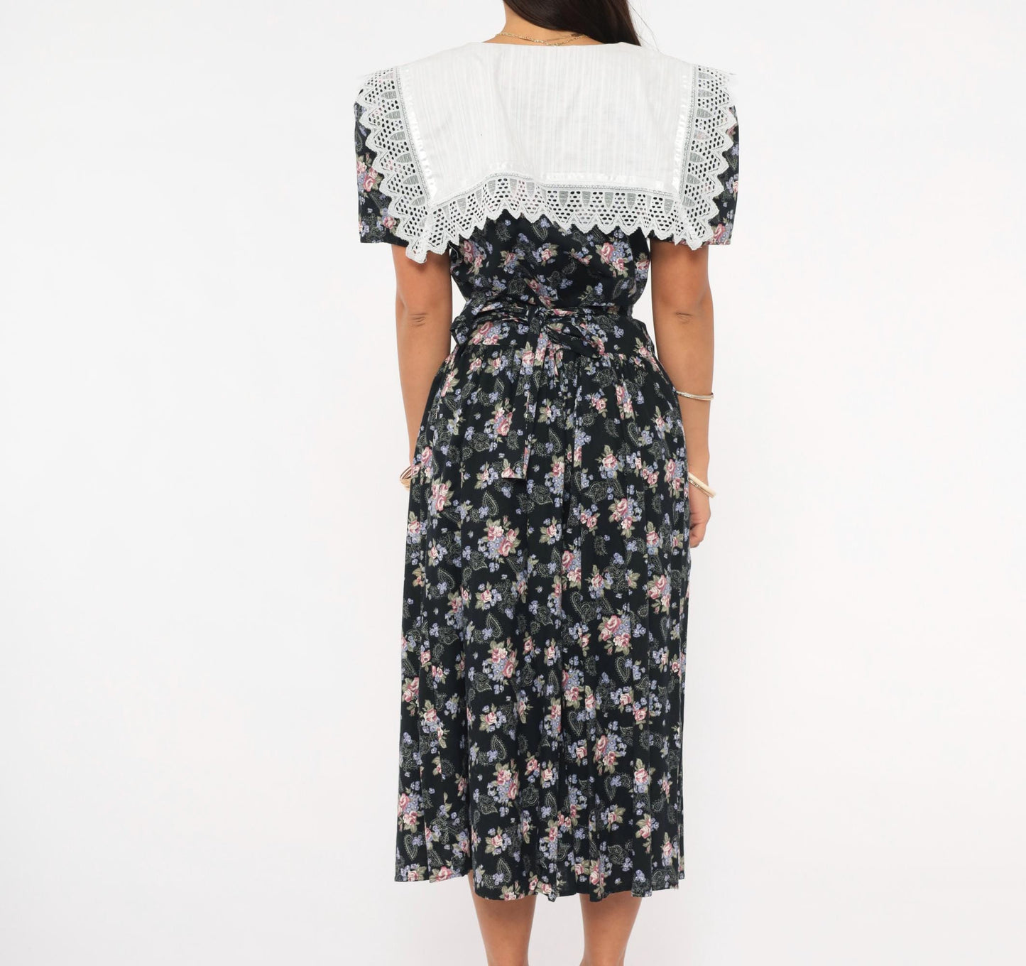80s Eber Navy Floral Midi Dress Lace Collar Cotton Paisley Medium M