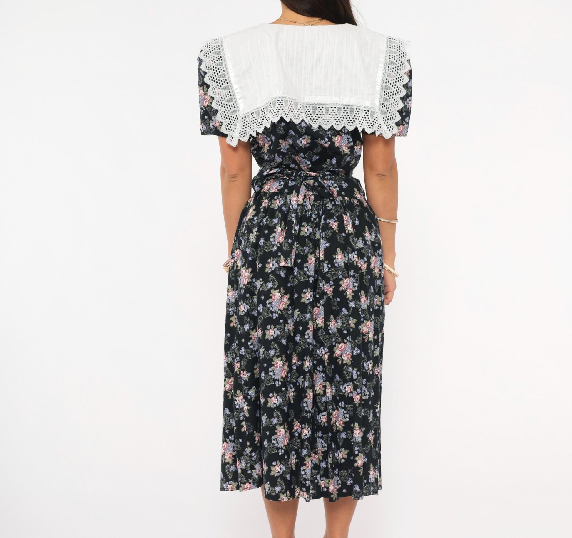 80s Eber Navy Floral Midi Dress Lace Collar Cotton Paisley Medium M