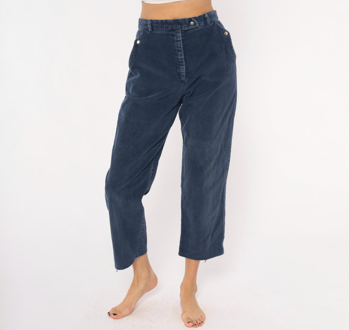 80s Tomboy Navy Corduroy Trousers High Waist Cropped Straight Leg Small