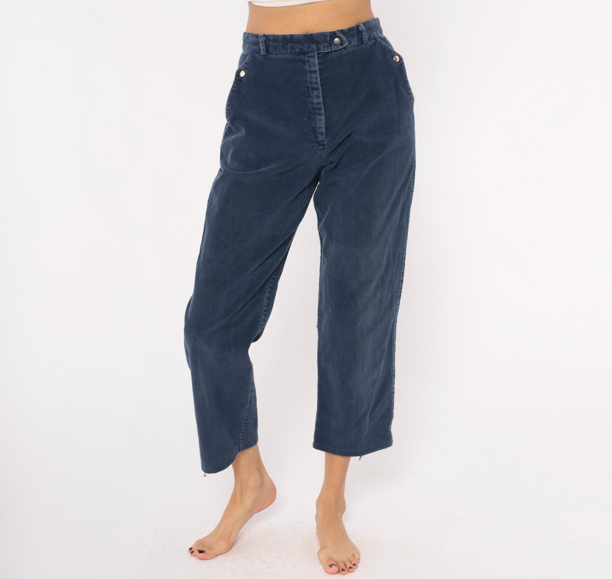 80s Tomboy Navy Corduroy Trousers High Waist Cropped Straight Leg Small
