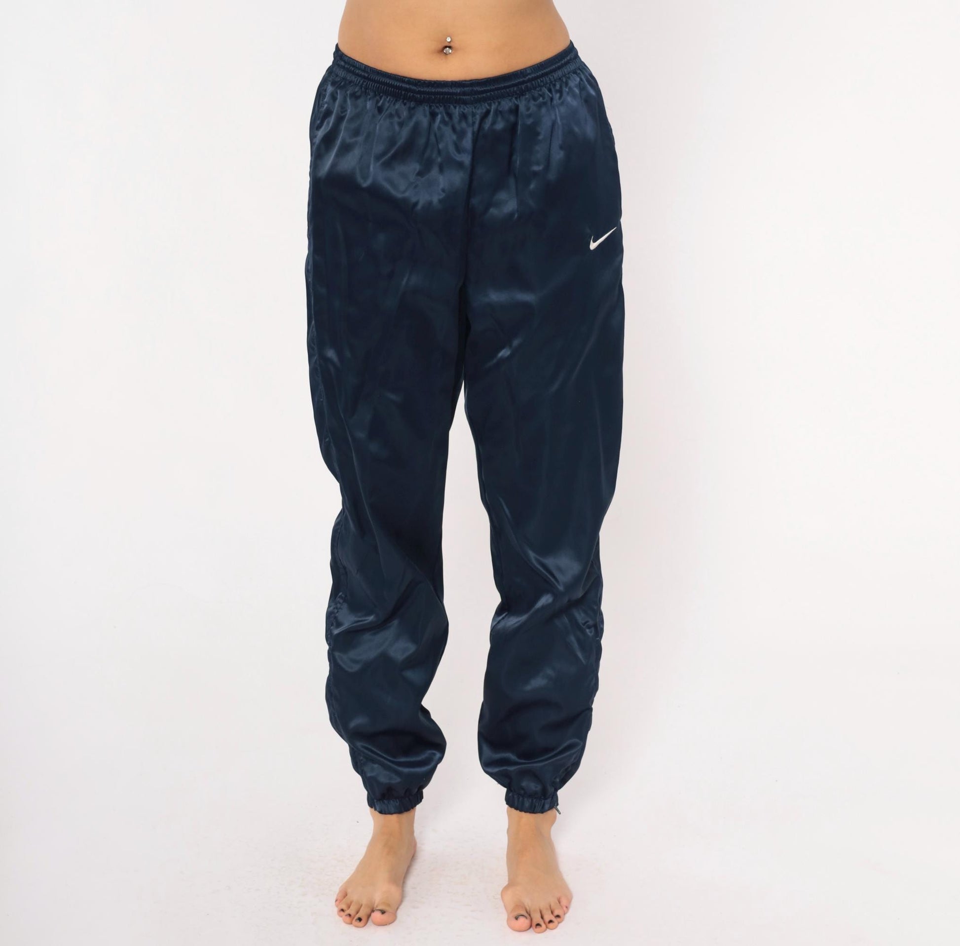 90s Nike Navy Satin Track Pants Swoosh Logo Elastic Waist Small S