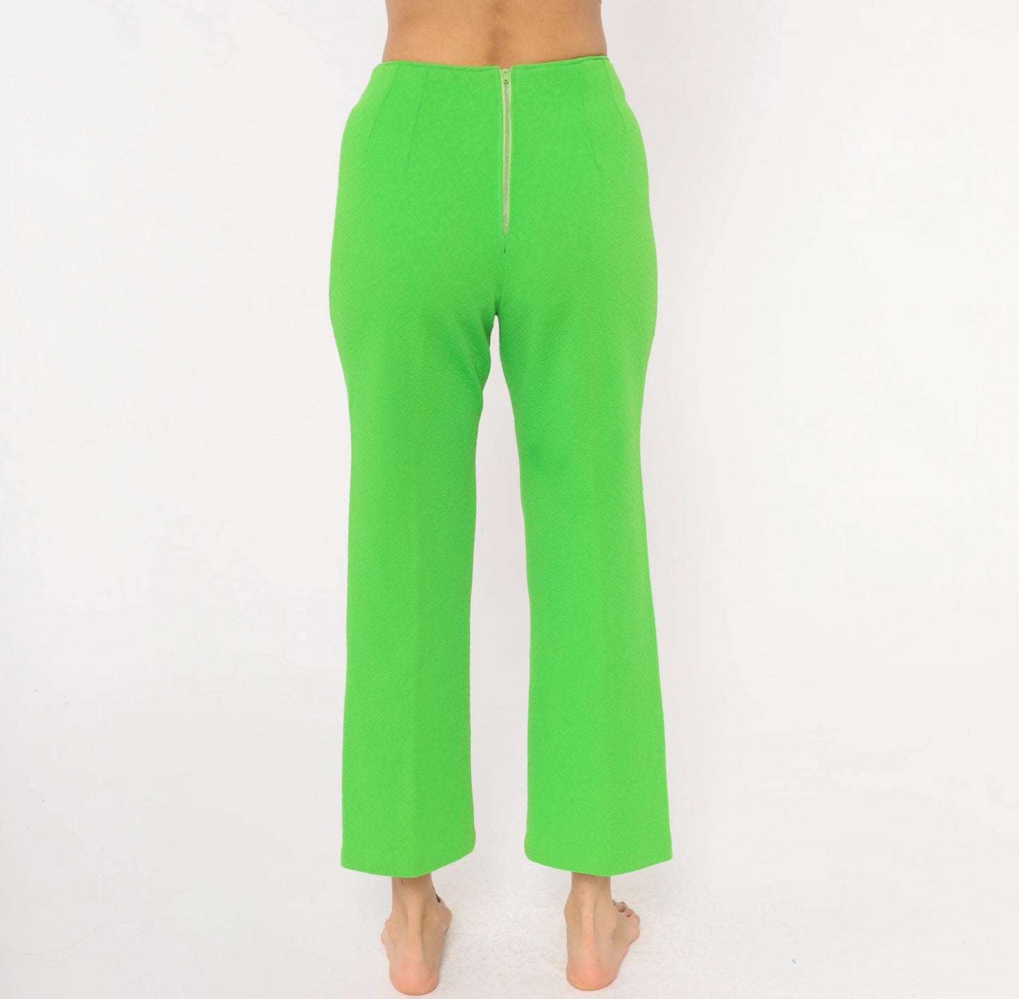 70s Lime Green High-Waist Wide Leg Flare Pants Ankle Length Small S